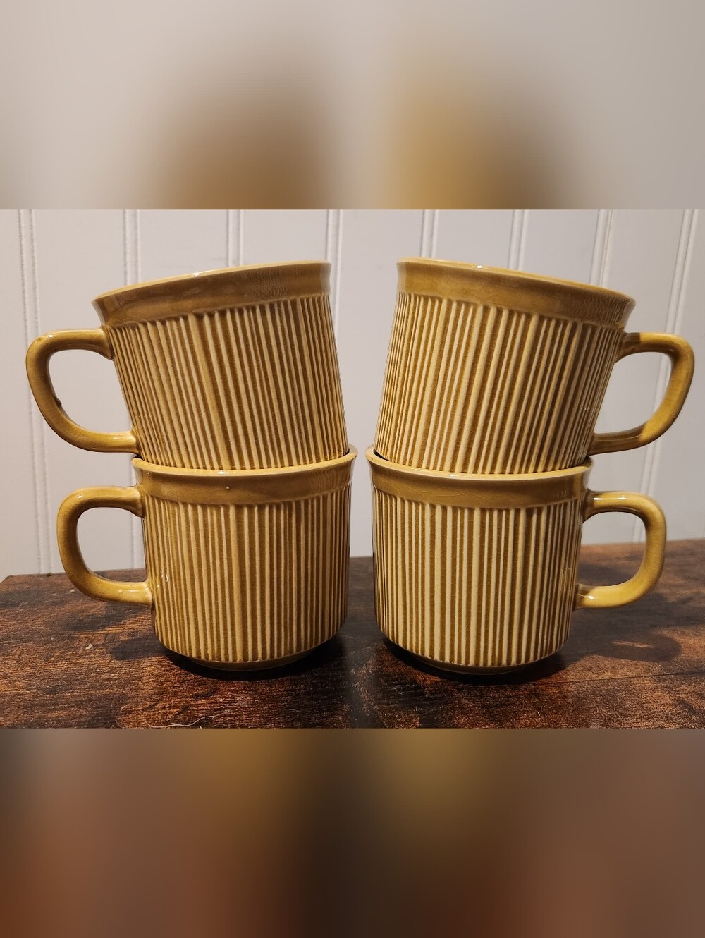 Vintage Ribbed Stackable Coffee Diner Retro Mugs ×4 Yellow Ochre Wabi-Sabi 70s